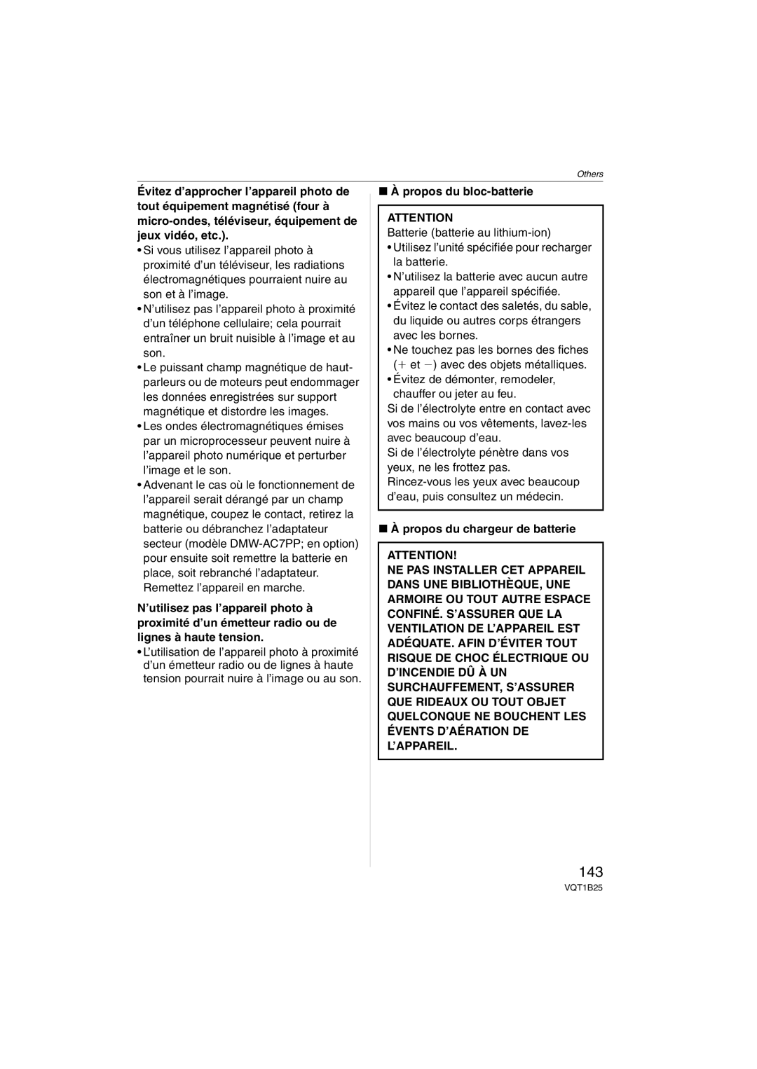 Panasonic DMCFZ8K, DMC-FZ8 operating instructions 143, Propos du bloc-batterie, Propos du chargeur de batterie 