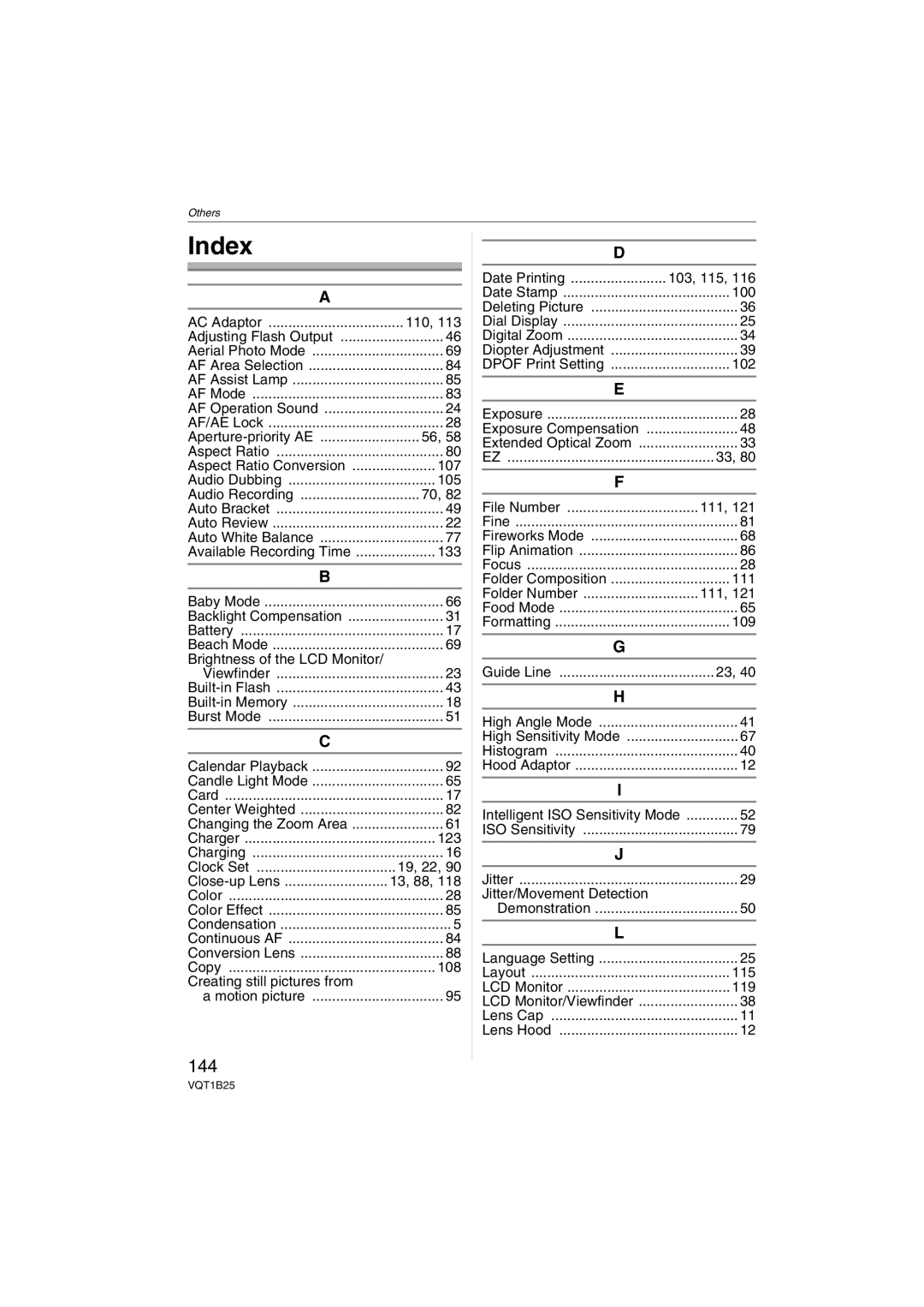 Panasonic DMC-FZ8, DMCFZ8K operating instructions Index, 144 