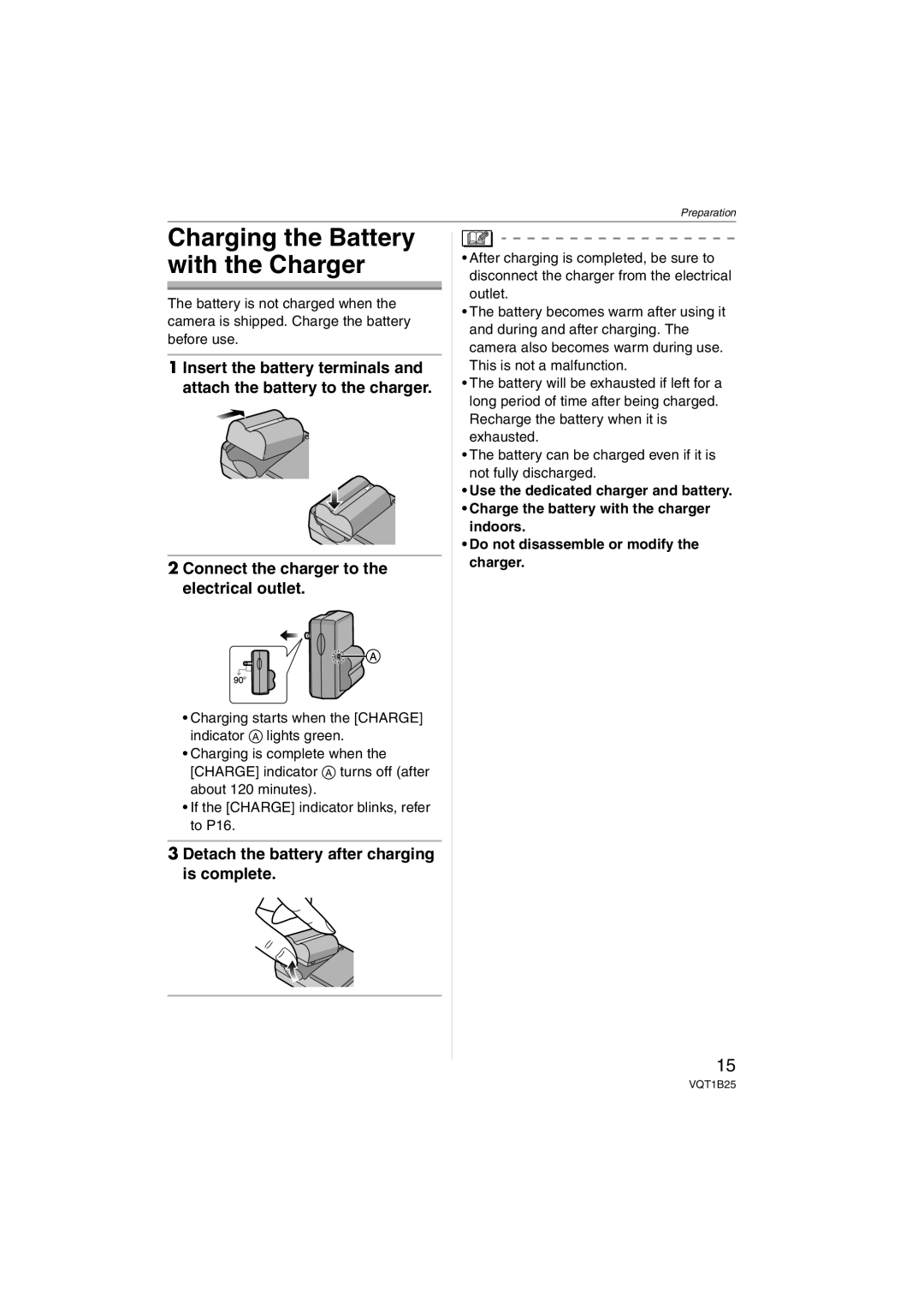 Panasonic DMCFZ8K, DMC-FZ8 Charging the Battery with the Charger, Detach the battery after charging is complete 