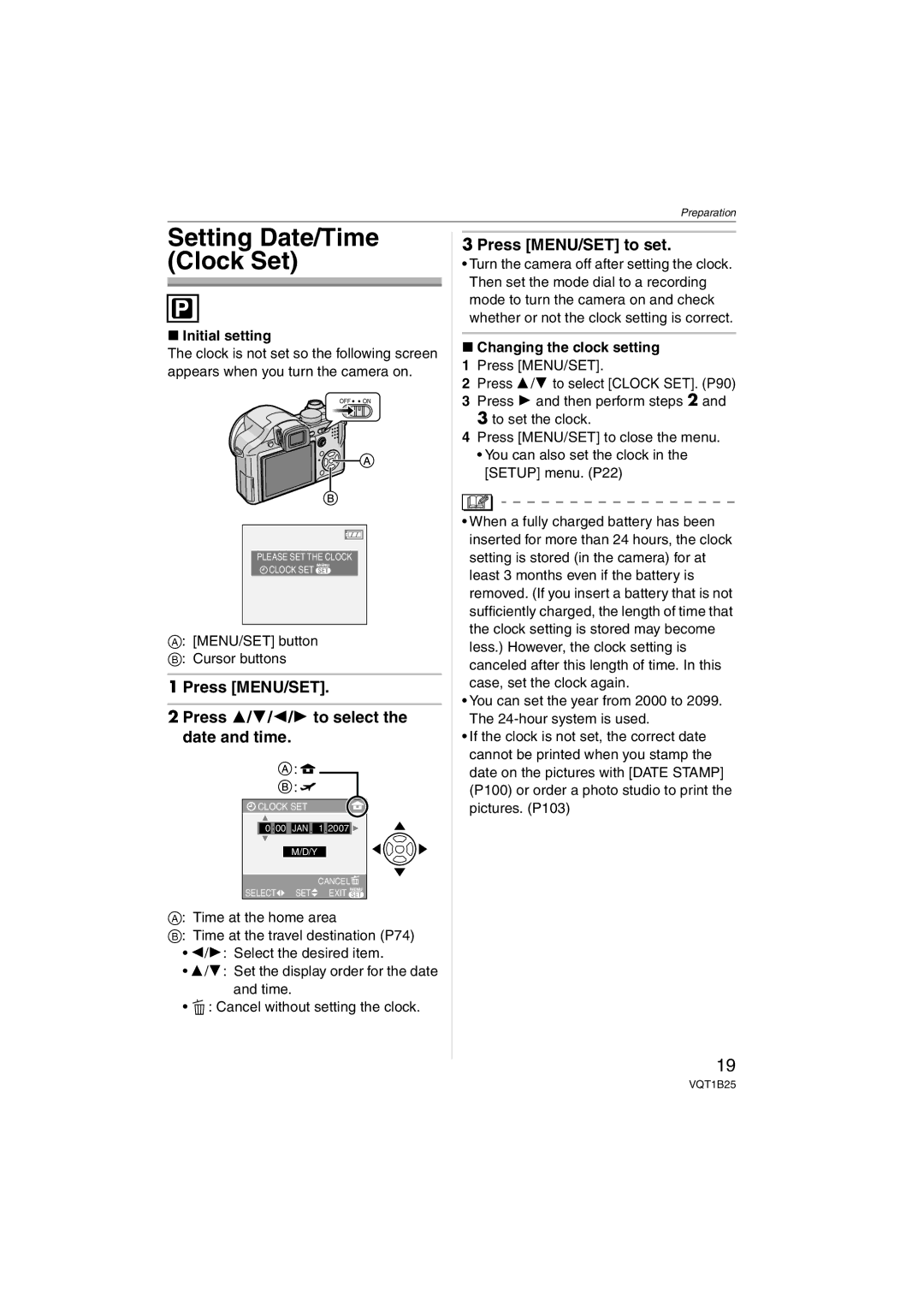 Panasonic DMCFZ8K Setting Date/Time Clock Set, Press MENU/SET Press 3/4/2/1 to select the date and time, Initial setting 