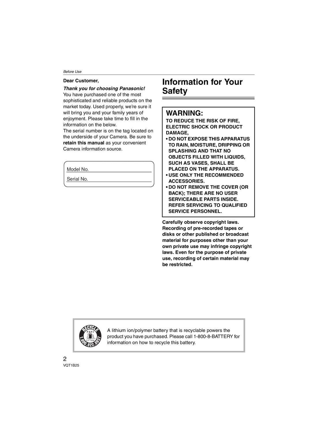 Panasonic DMC-FZ8, DMCFZ8K operating instructions Information for Your Safety, Dear Customer 