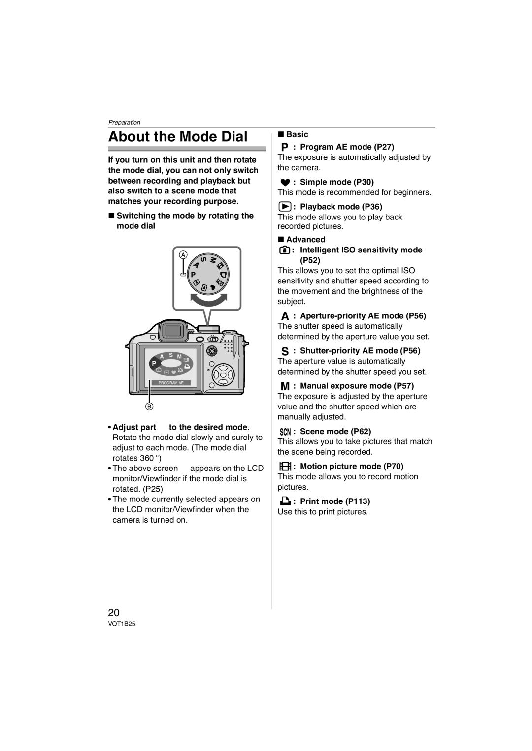 Panasonic DMC-FZ8, DMCFZ8K operating instructions About the Mode Dial 