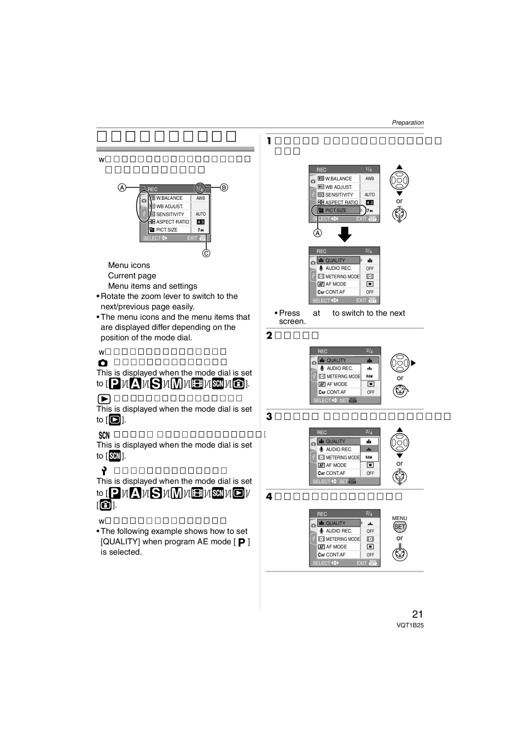 Panasonic DMCFZ8K Setting the Menu, Press MENU/SET, Press 3/4 to select the menu item, Press 3/4 to select the setting 