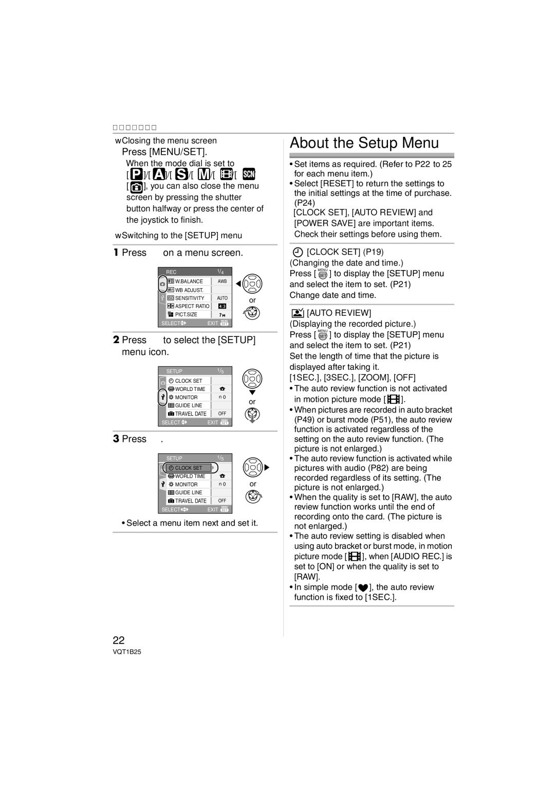 Panasonic DMC-FZ8 About the Setup Menu, Press 2 on a menu screen, Press 4 to select the Setup menu icon, Auto Review 