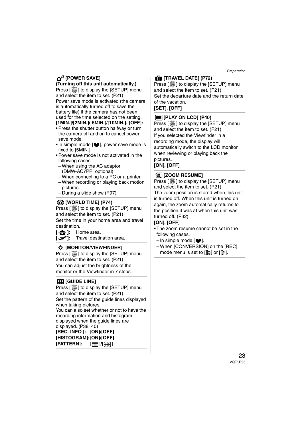 Panasonic DMCFZ8K, DMC-FZ8 operating instructions Power Save, Monitor/Viewfinder, Guide Line, Travel Date P72, Zoom Resume 