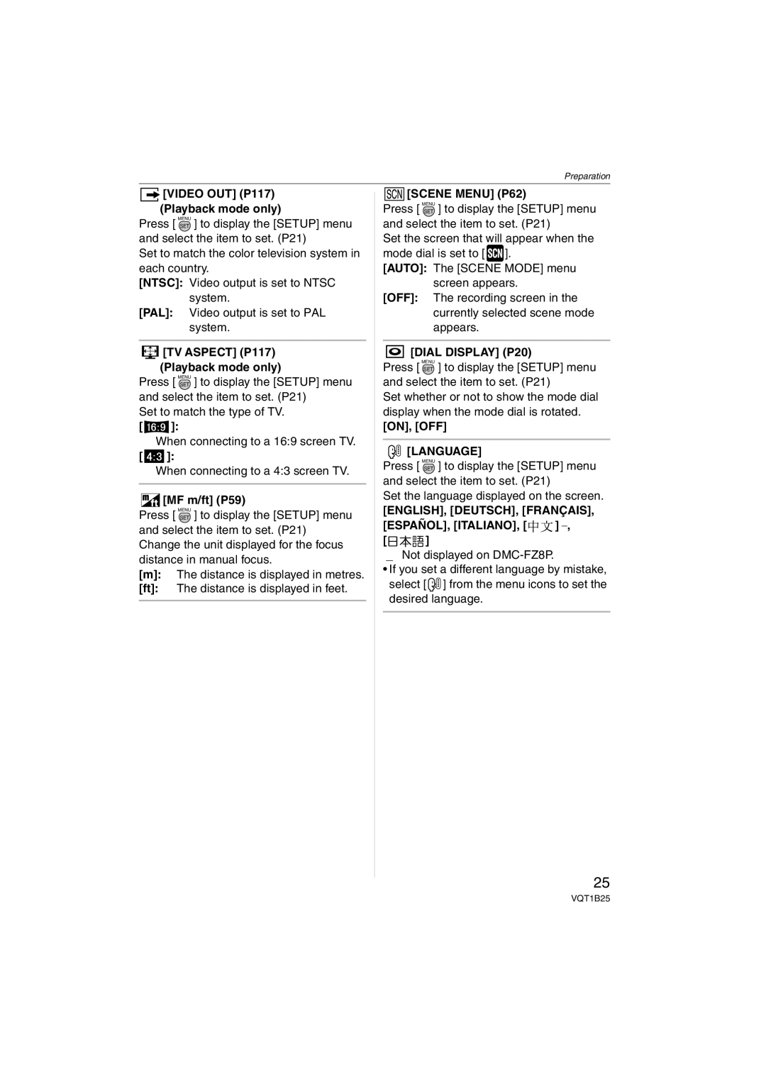 Panasonic DMCFZ8K, DMC-FZ8 operating instructions Dial Display P20, Language, ENGLISH, DEUTSCH, Français 