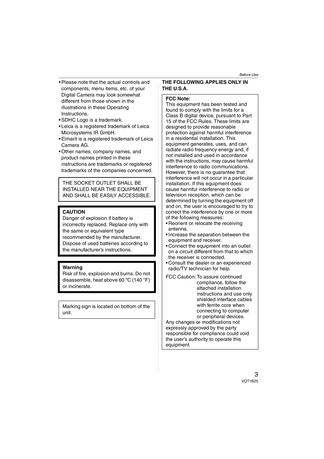 Panasonic DMCFZ8K, DMC-FZ8 operating instructions Following Applies only in the U.S.A, FCC Note 