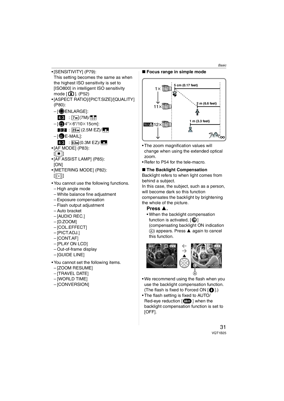 Panasonic DMCFZ8K ISO800 in intelligent ISO sensitivity mode . P52, Zoom, Out-of-frame display, Focus range in simple mode 