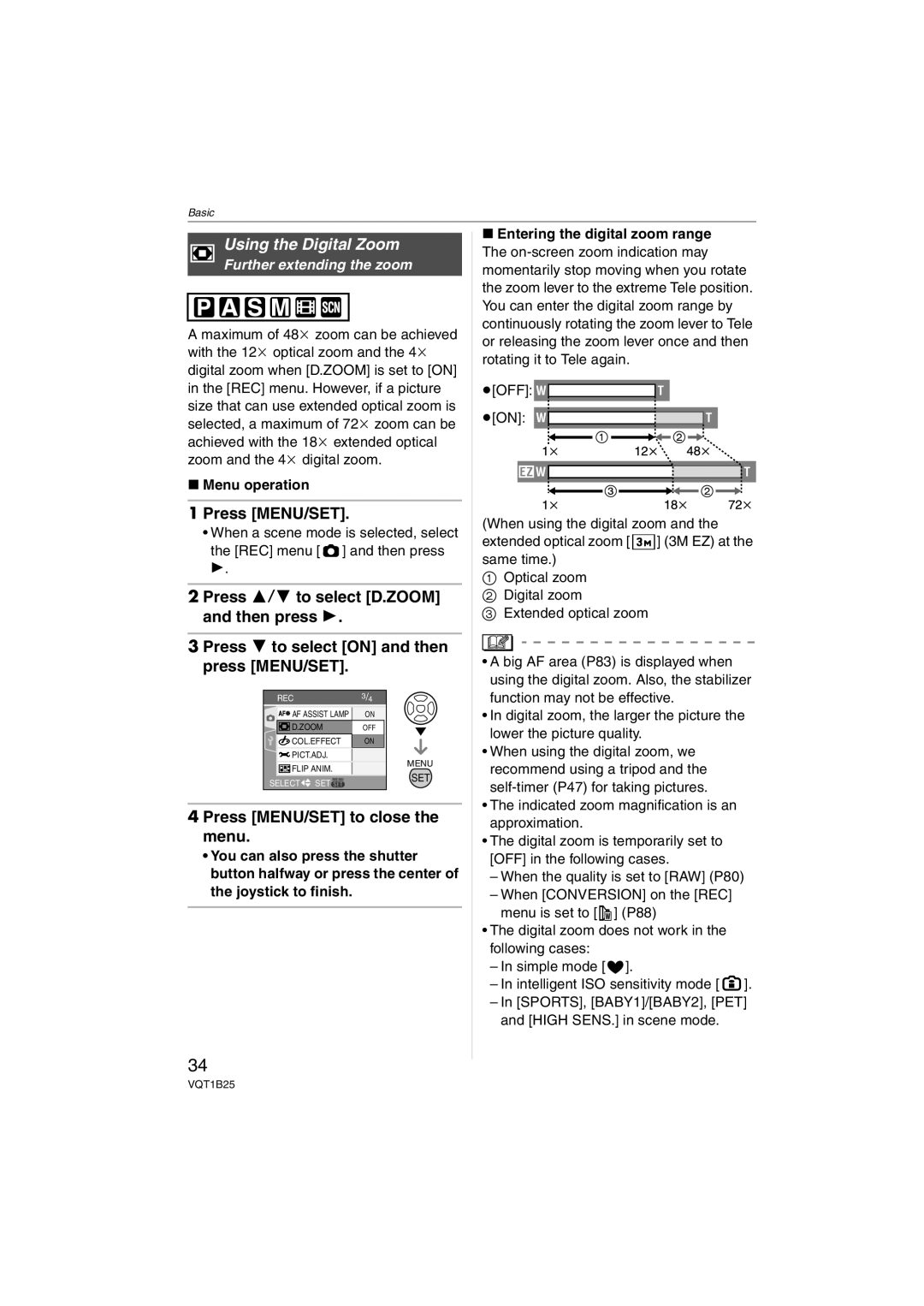 Panasonic DMC-FZ8, DMCFZ8K operating instructions Further extending the zoom, Menu operation 