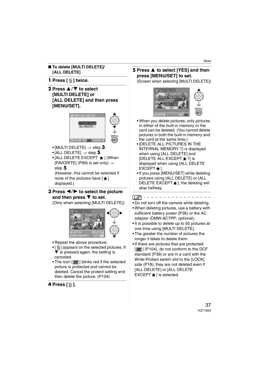 Panasonic DMCFZ8K, DMC-FZ8 Press 2/1 to select the picture and then press 4 to set, To delete Multi Delete, ALL Delete 