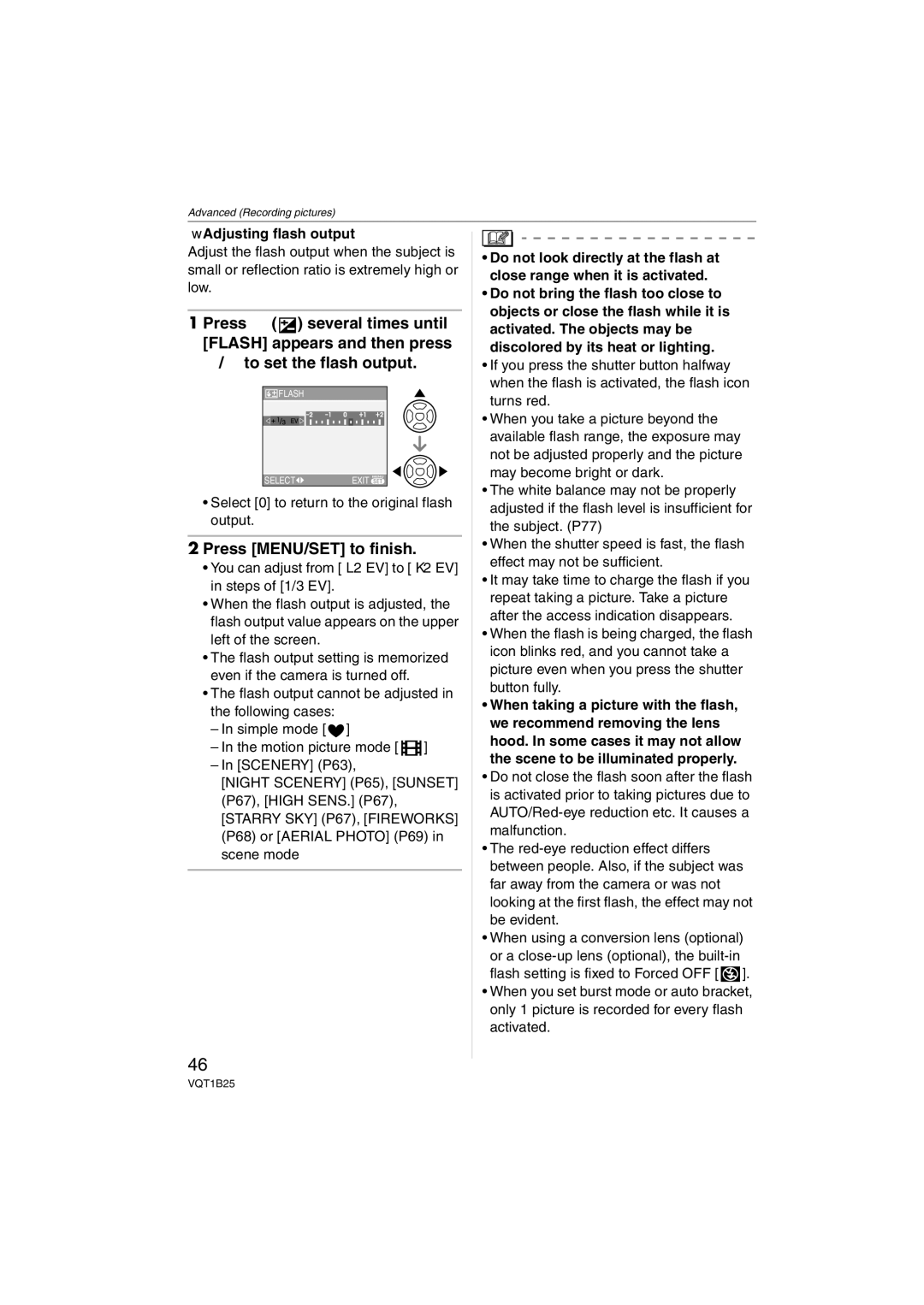 Panasonic DMC-FZ8 Press MENU/SET to finish, Adjusting flash output, Select 0 to return to the original flash output 