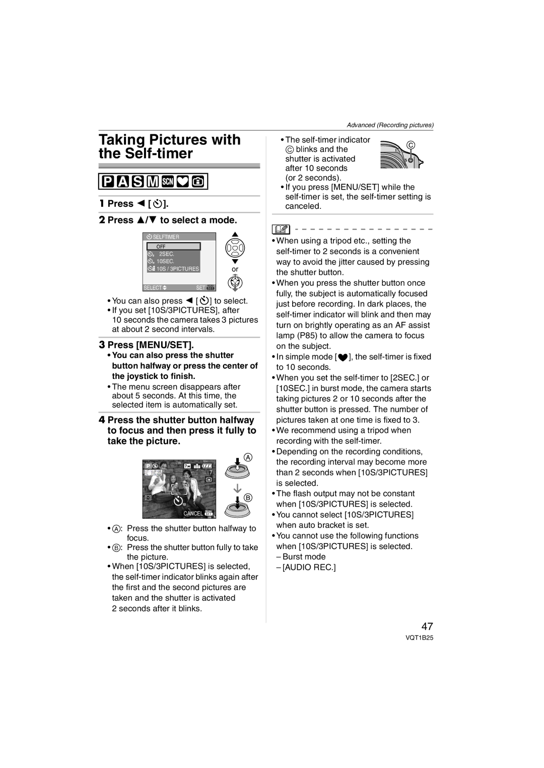 Panasonic DMCFZ8K, DMC-FZ8 operating instructions Taking Pictures with the Self-timer, Burst mode 