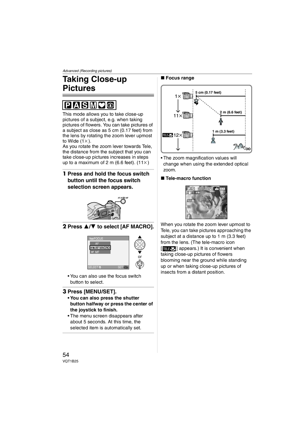 Panasonic DMC-FZ8, DMCFZ8K Taking Close-up Pictures, You can also use the focus switch button to select, Focus range 