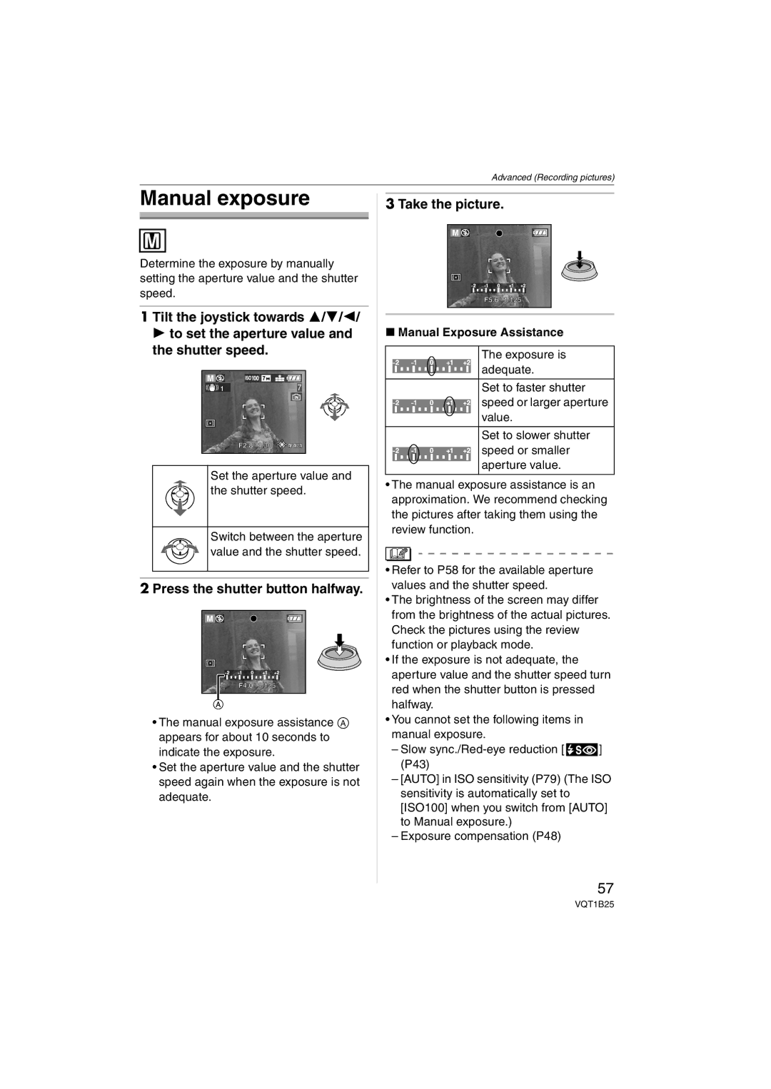 Panasonic DMCFZ8K, DMC-FZ8 Manual exposure, Press the shutter button halfway, Take the picture, Manual Exposure Assistance 