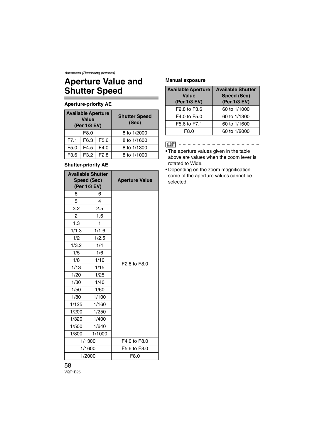 Panasonic DMC-FZ8, DMCFZ8K operating instructions Aperture Value and Shutter Speed 