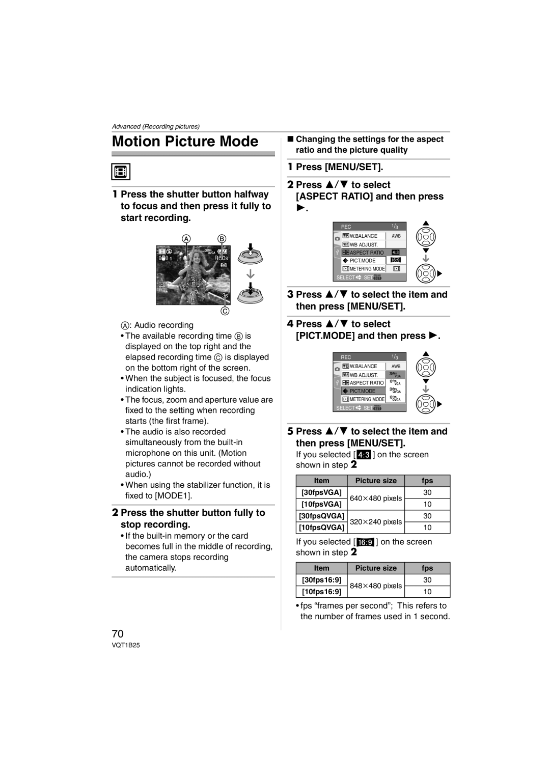 Panasonic DMC-FZ8, DMCFZ8K operating instructions Motion Picture Mode, Press the shutter button fully to stop recording 