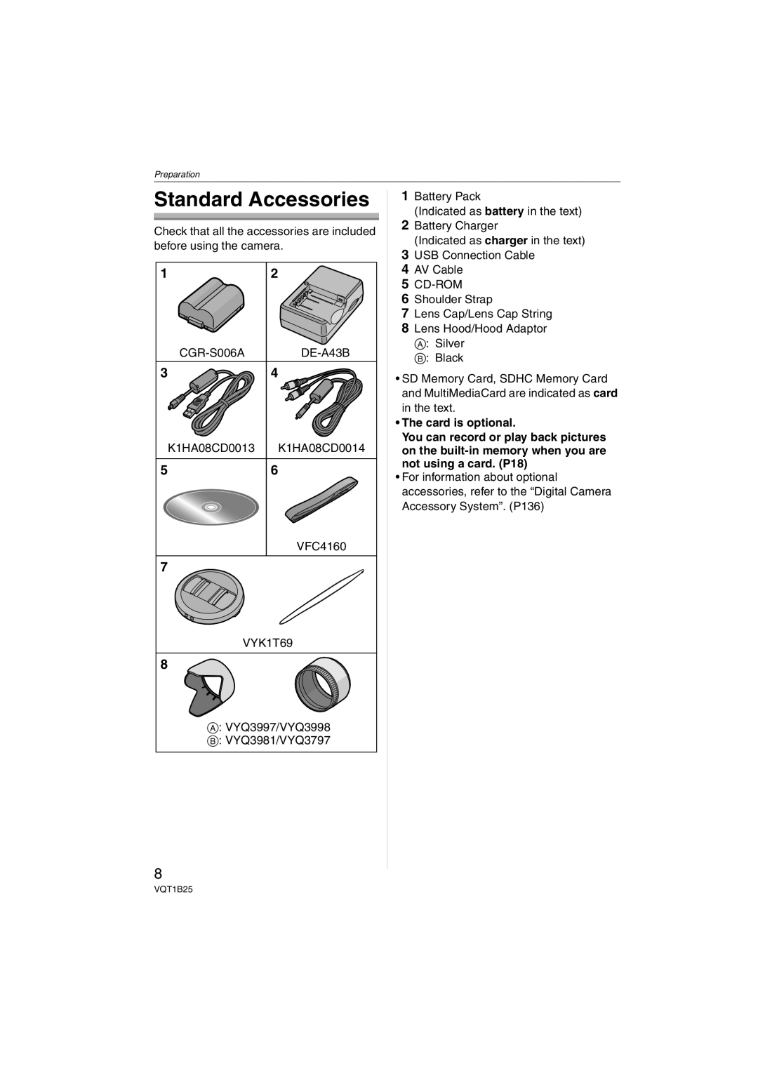 Panasonic DMC-FZ8, DMCFZ8K operating instructions Standard Accessories, Card is optional 