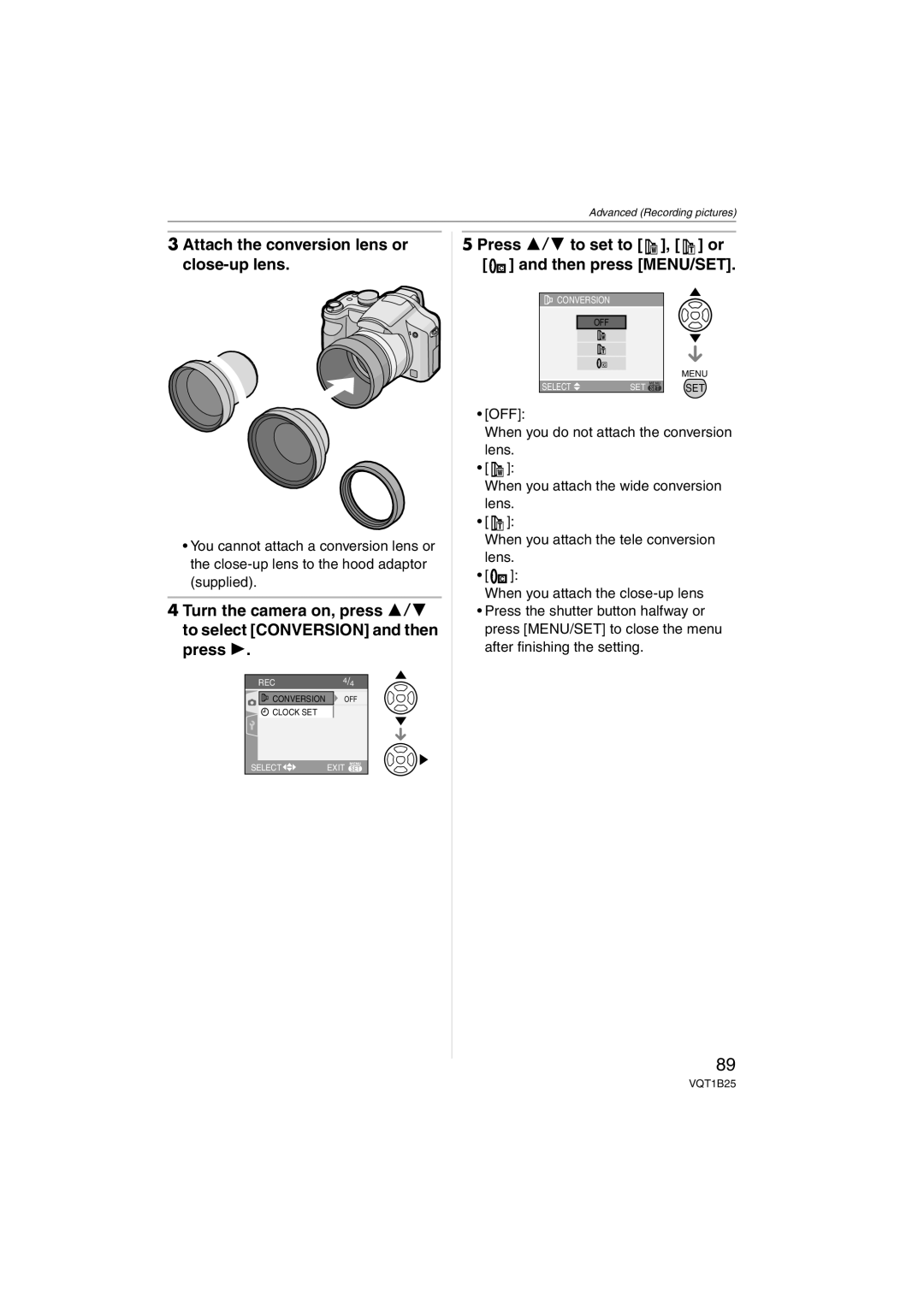 Panasonic DMCFZ8K, DMC-FZ8 Attach the conversion lens or close-up lens, Press 3/4 to set to , or C and then press MENU/SET 