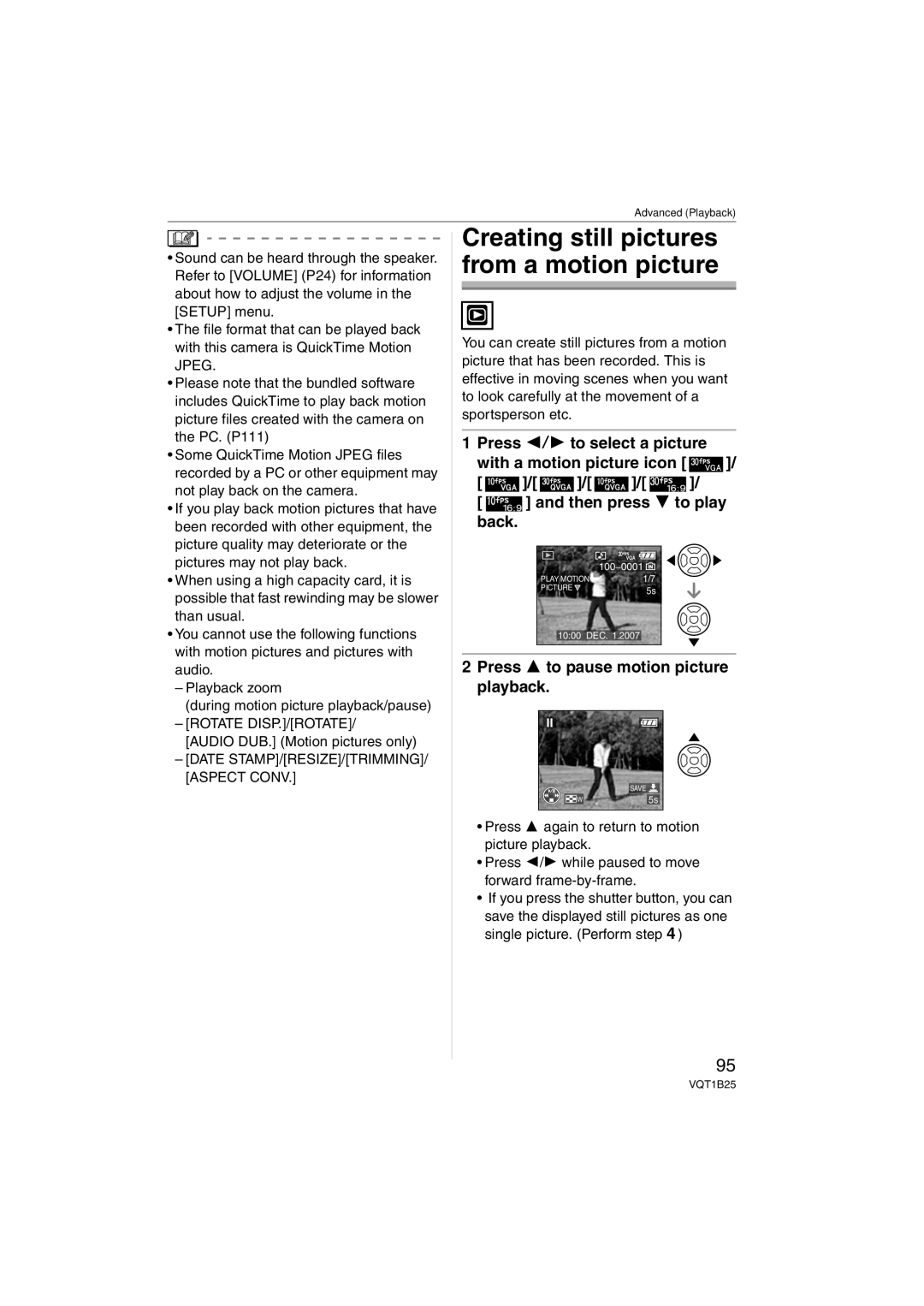 Panasonic DMCFZ8K, DMC-FZ8 operating instructions Press 3 to pause motion picture playback, Audio DUB. Motion pictures only 