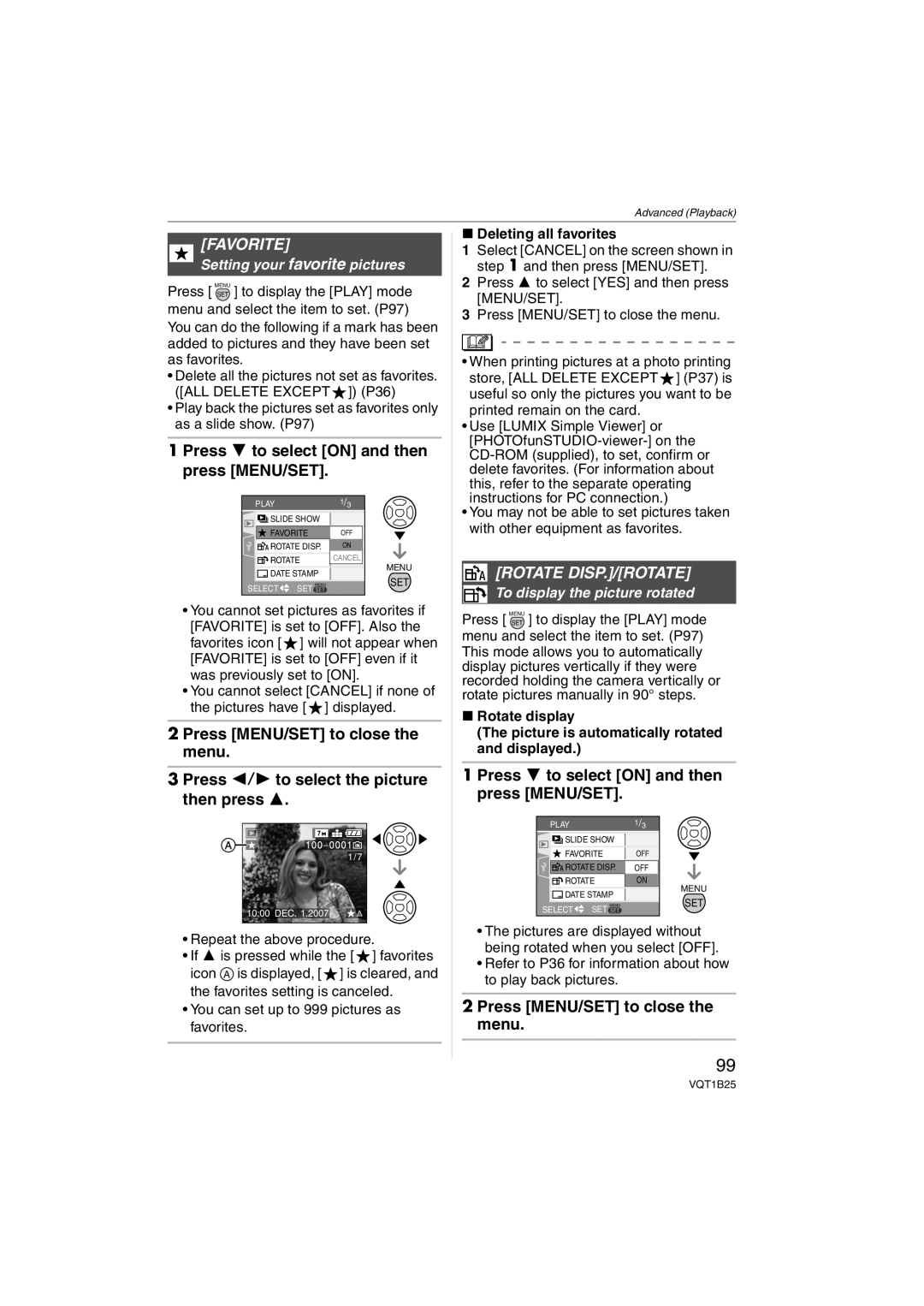 Panasonic DMCFZ8K, DMC-FZ8 Favorite, Rotate DISP./ROTATE, Setting your favorite pictures, Deleting all favorites 