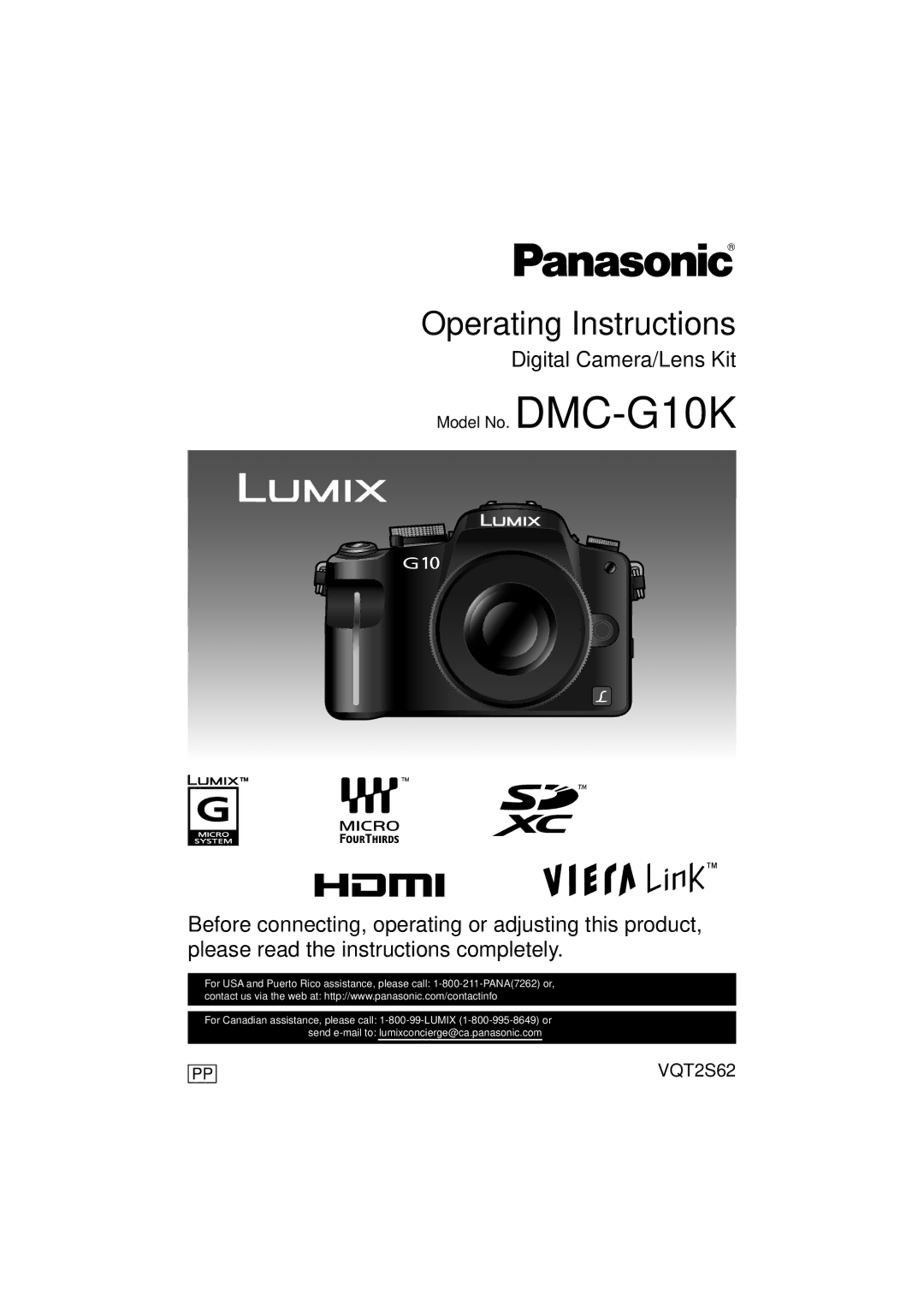 Panasonic DMC-G10K operating instructions Operating Instructions 