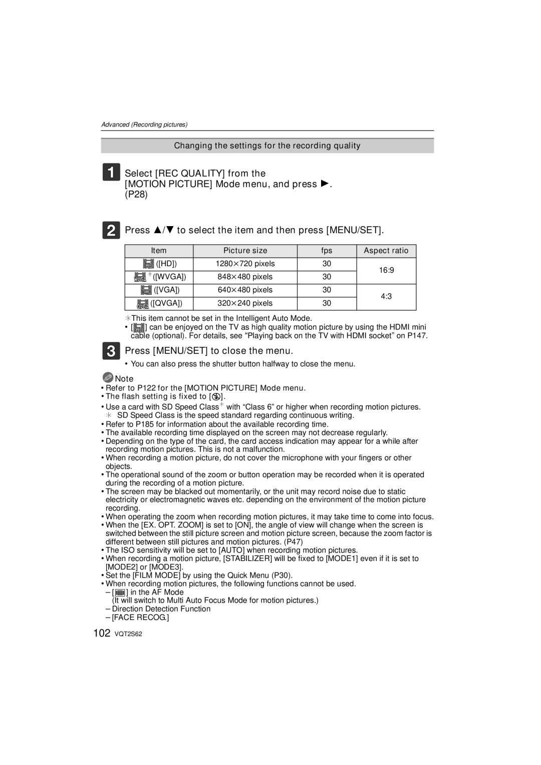 Panasonic DMC-G10K operating instructions Changing the settings for the recording quality, Face Recog 