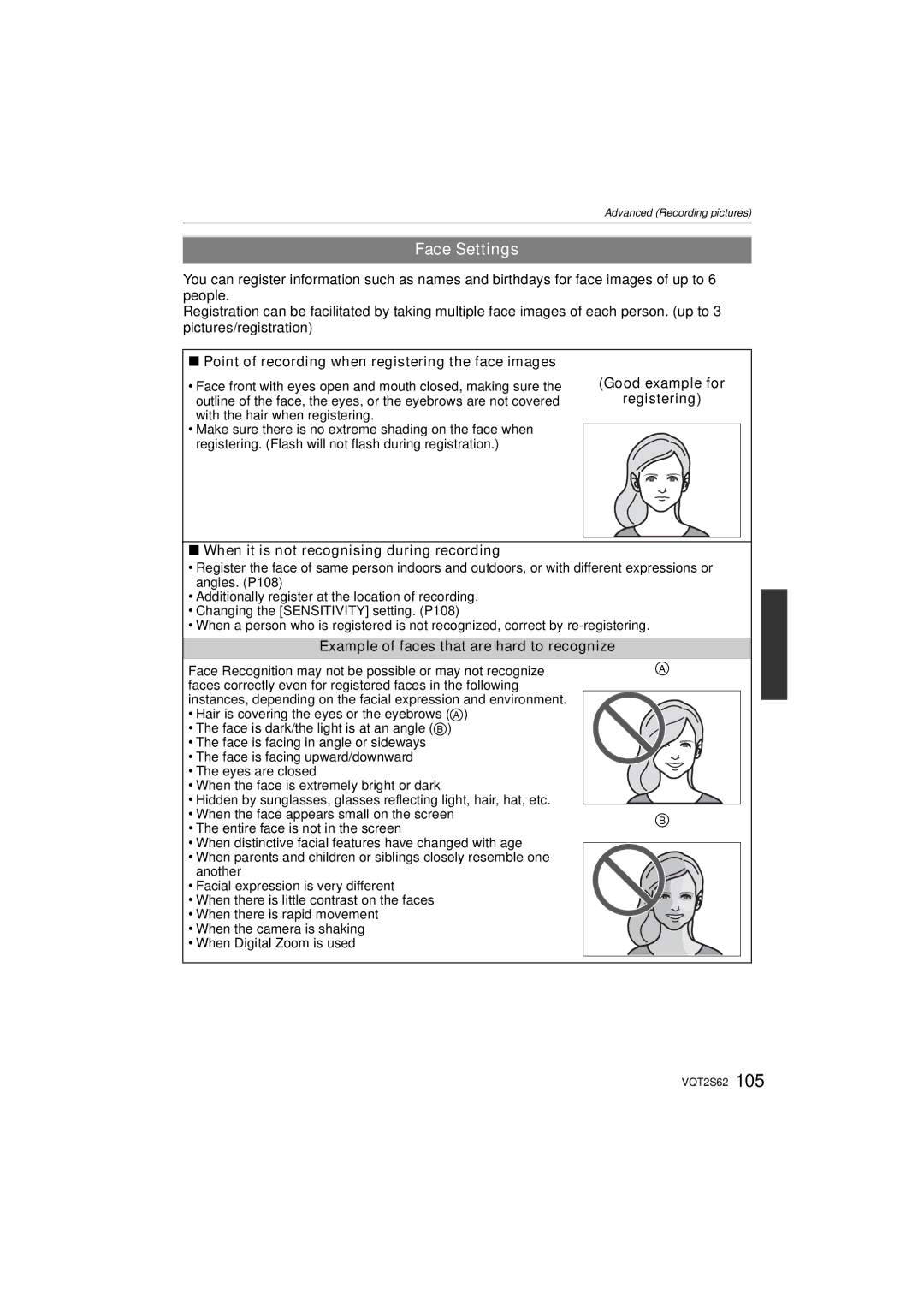 Panasonic DMC-G10K operating instructions Face Settings, Point of recording when registering the face images 