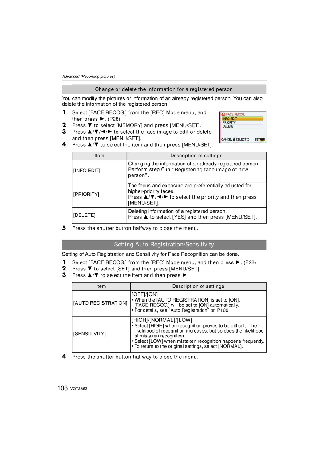 Panasonic DMC-G10K operating instructions Setting Auto Registration/Sensitivity, Menu/Set, High/Normal/Low 