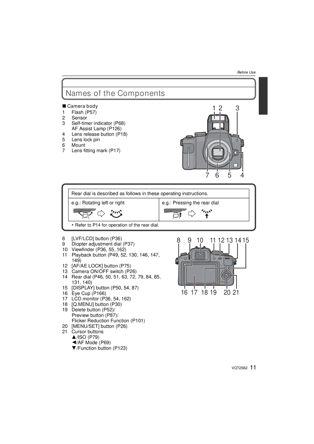 Panasonic DMC-G10K operating instructions Names of the Components, Camera body, LVF/LCD button P36, Eye Cup P166 