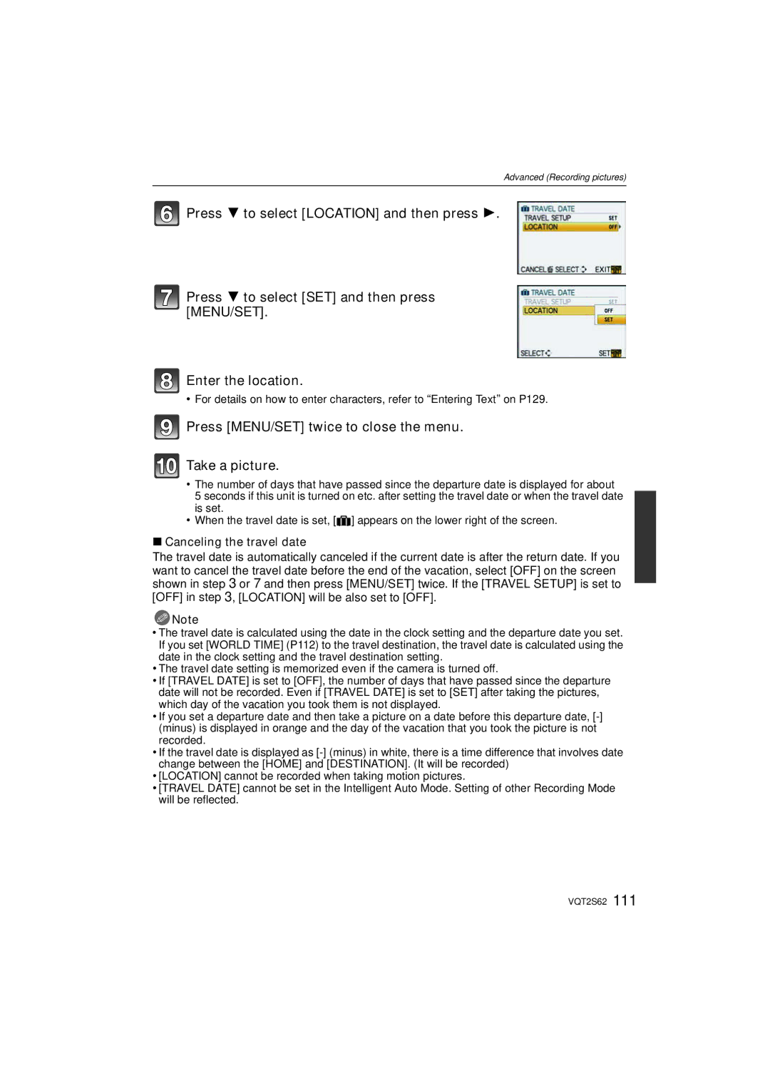 Panasonic DMC-G10K operating instructions Press MENU/SET twice to close the menu Take a picture, Canceling the travel date 