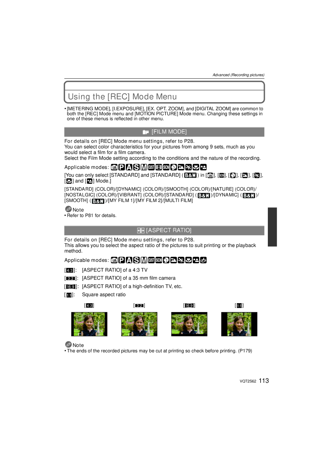 Panasonic DMC-G10K Using the REC Mode Menu, Film Mode, ? Aspect Ratio, For details on REC Mode menu settings, refer to P28 