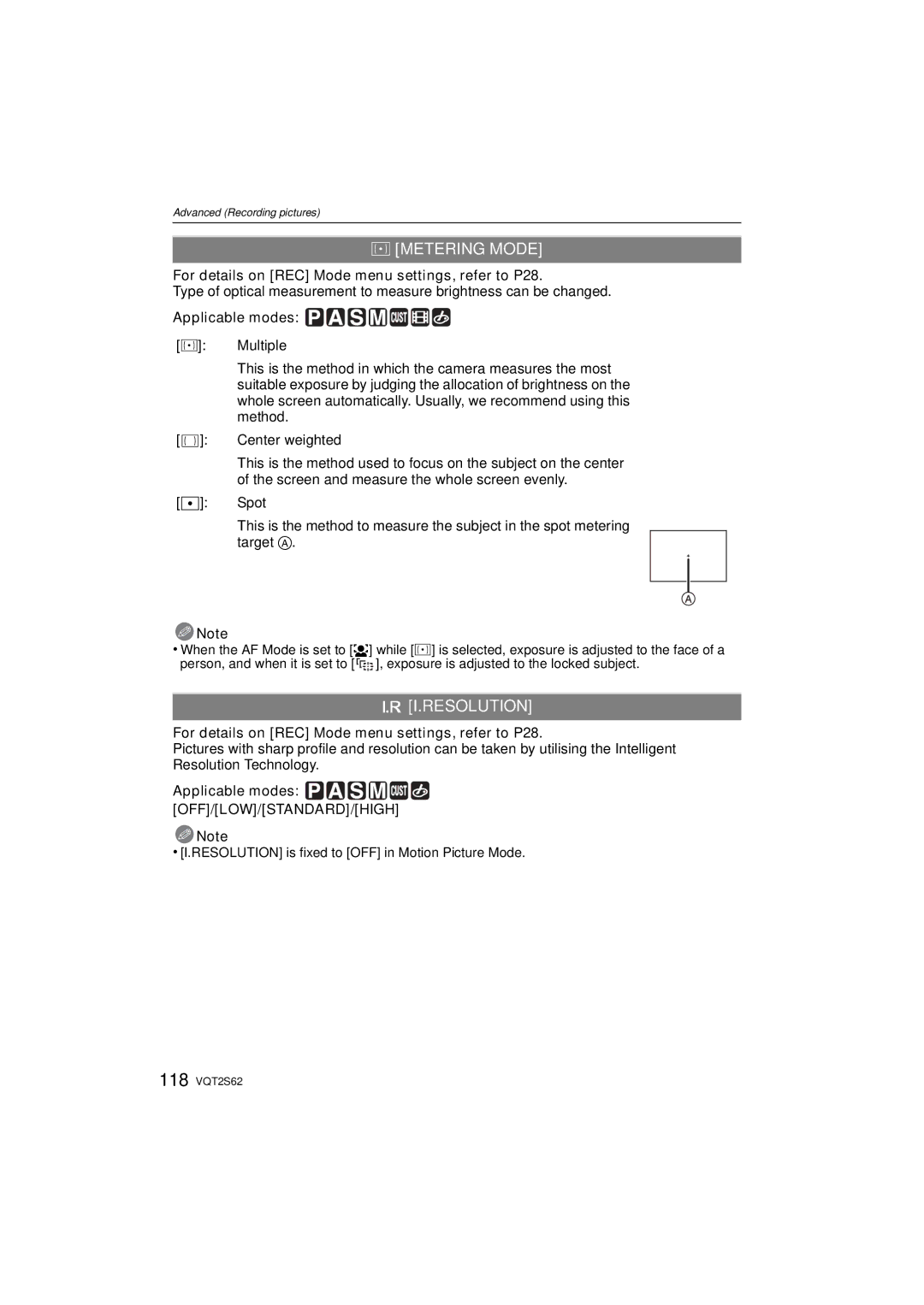 Panasonic DMC-G10K operating instructions Metering Mode, Resolution, Applicable modes OFF/LOW/STANDARD/HIGH 