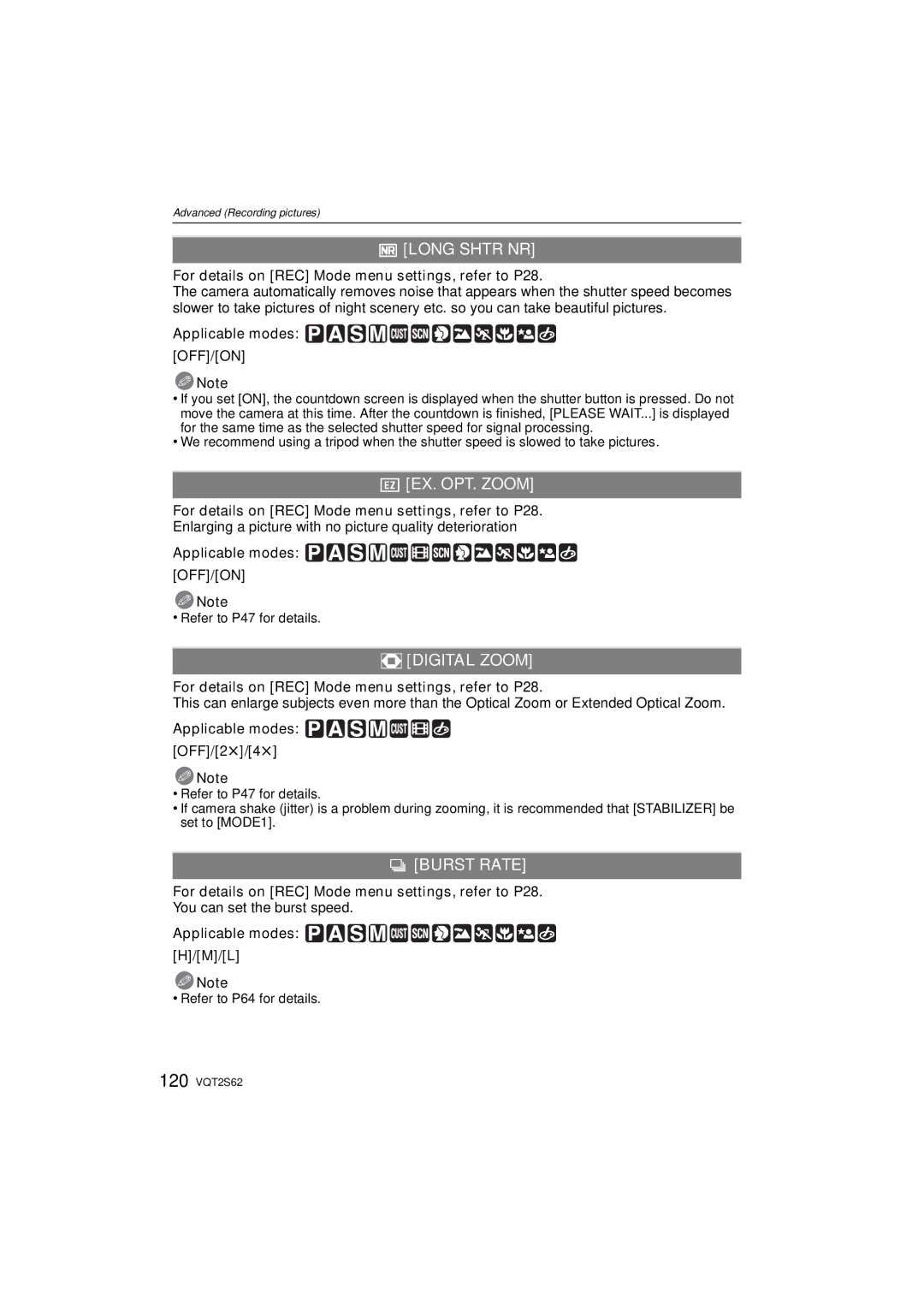 Panasonic DMC-G10K operating instructions Long Shtr NR, EX. OPT. Zoom, Digital Zoom, Burst Rate 