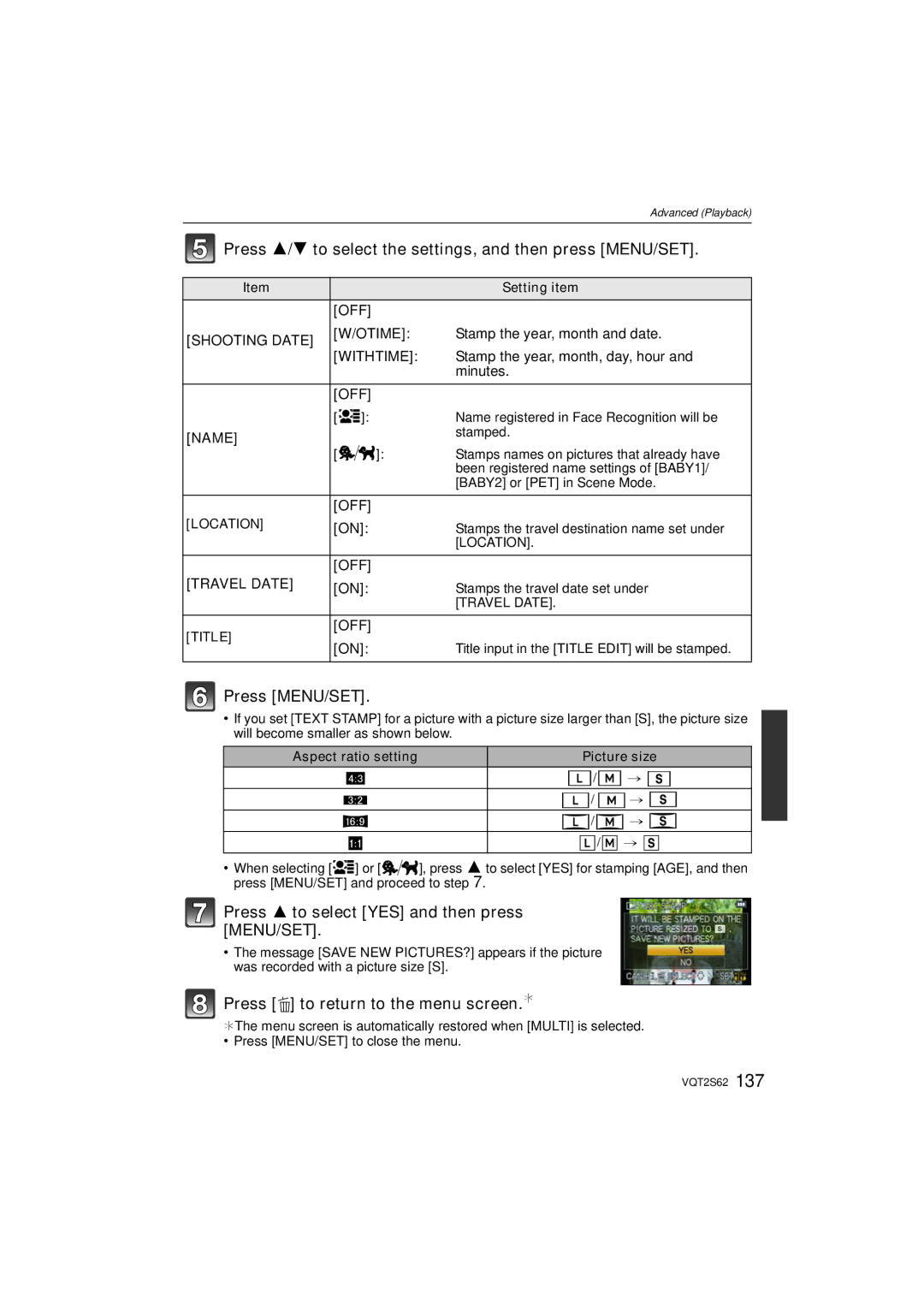 Panasonic DMC-G10K Press 3/4 to select the settings, and then press MENU/SET, OFF Shooting Date Otime, Withtime, Name 