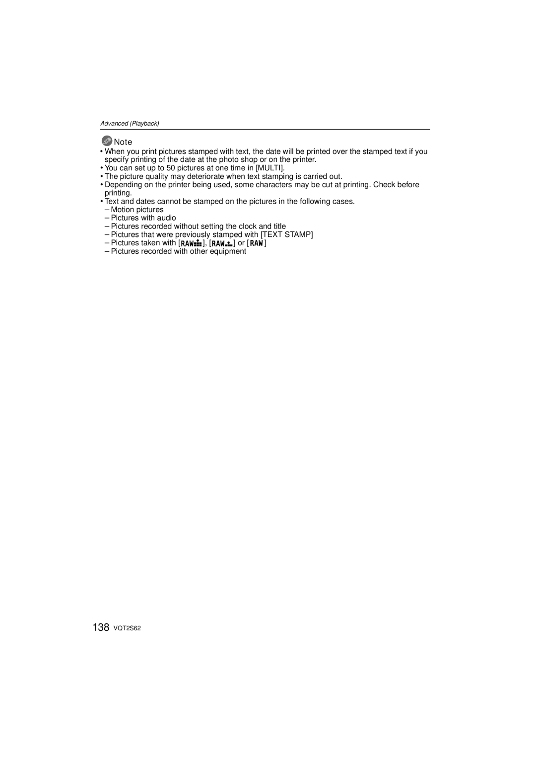 Panasonic DMC-G10K operating instructions 138 VQT2S62 