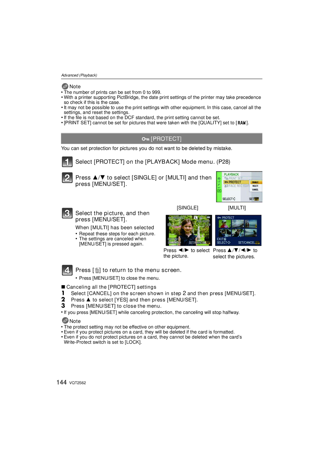 Panasonic DMC-G10K operating instructions Protect, When Multi has been selected 