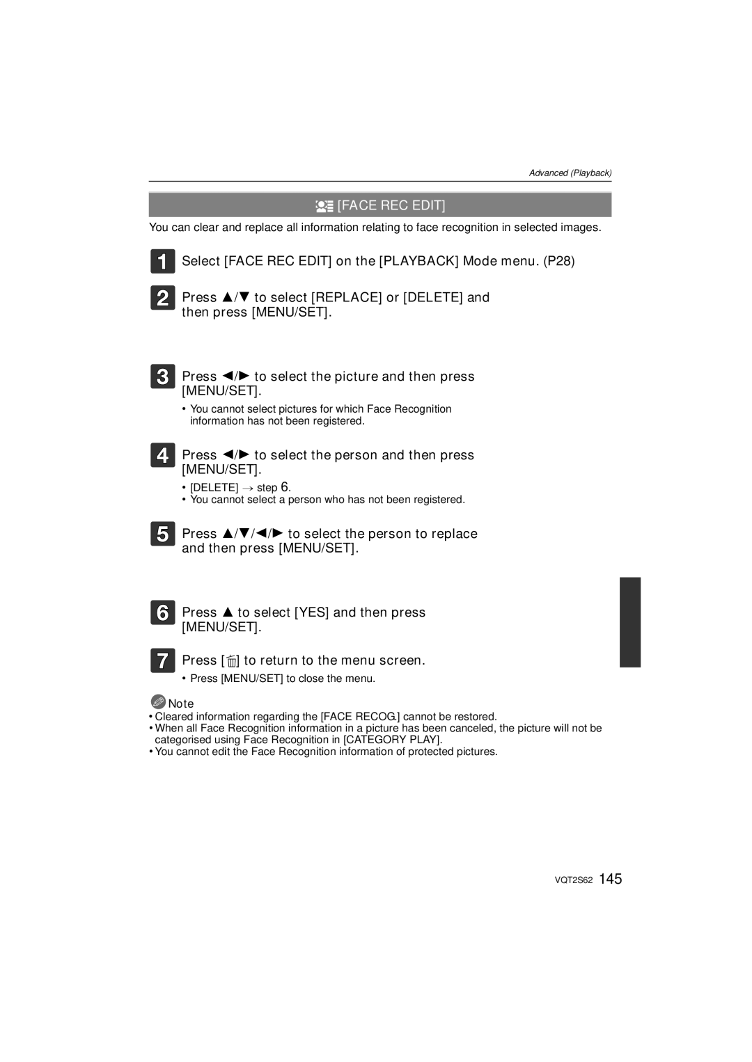 Panasonic DMC-G10K operating instructions Face REC Edit, Press 2/1 to select the person and then press MENU/SET 