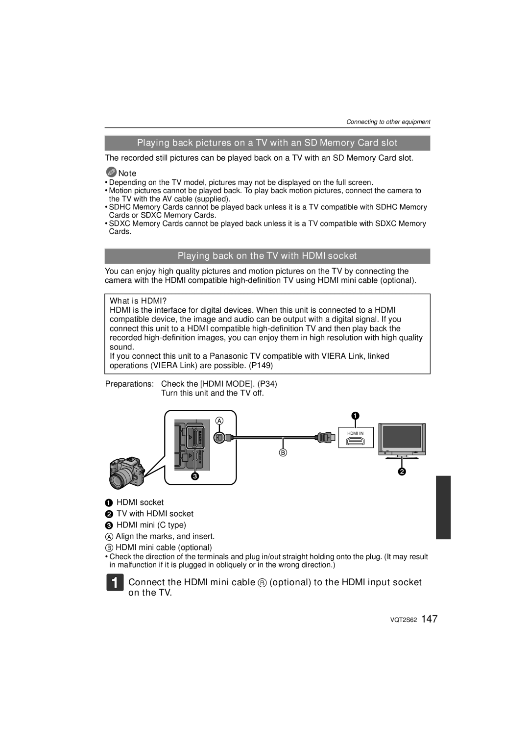 Panasonic DMC-G10K Playing back pictures on a TV with an SD Memory Card slot, Playing back on the TV with Hdmi socket 