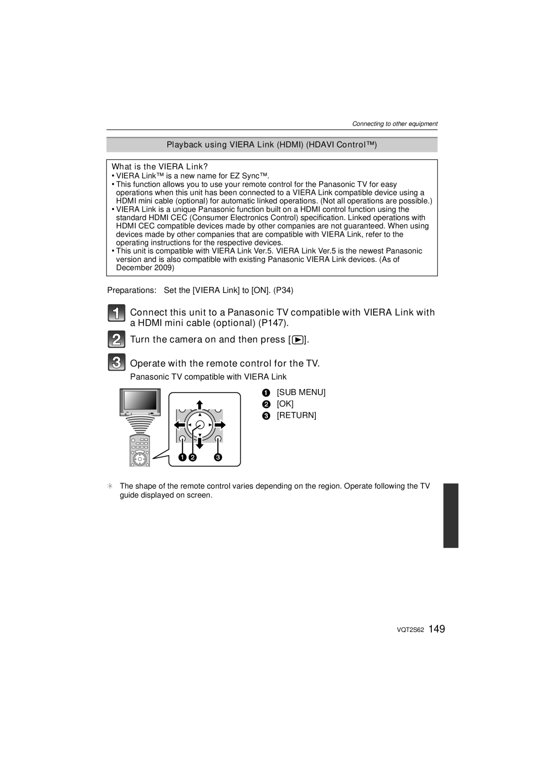 Panasonic DMC-G10K Preparations Set the Viera Link to ON. P34, Panasonic TV compatible with Viera Link, SUB Menu, Return 