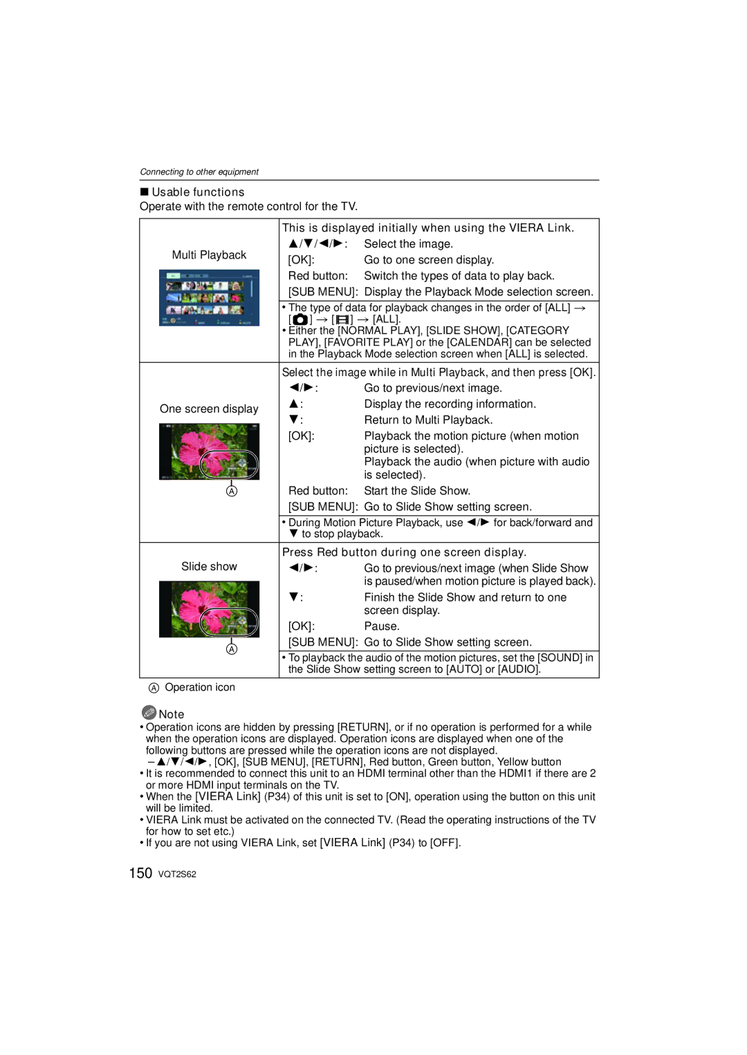 Panasonic DMC-G10K operating instructions Usable functions, This is displayed initially when using the Viera Link 