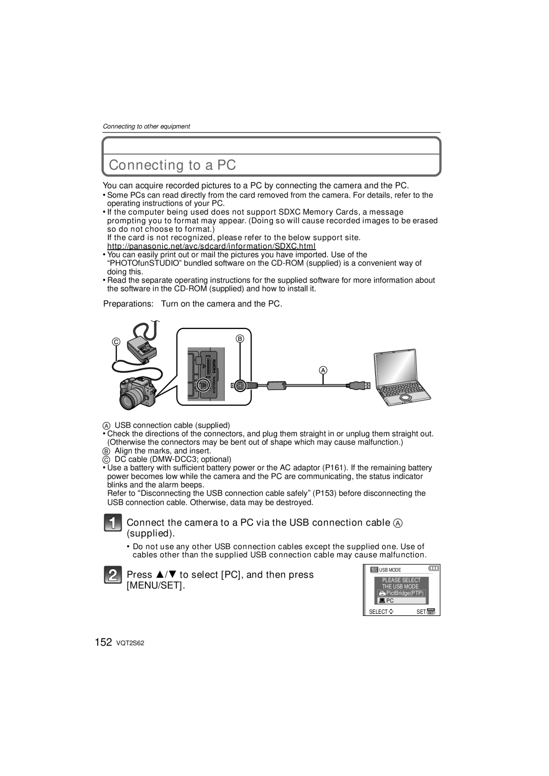 Panasonic DMC-G10K operating instructions Connecting to a PC, Press 3/4 to select PC, and then press MENU/SET 