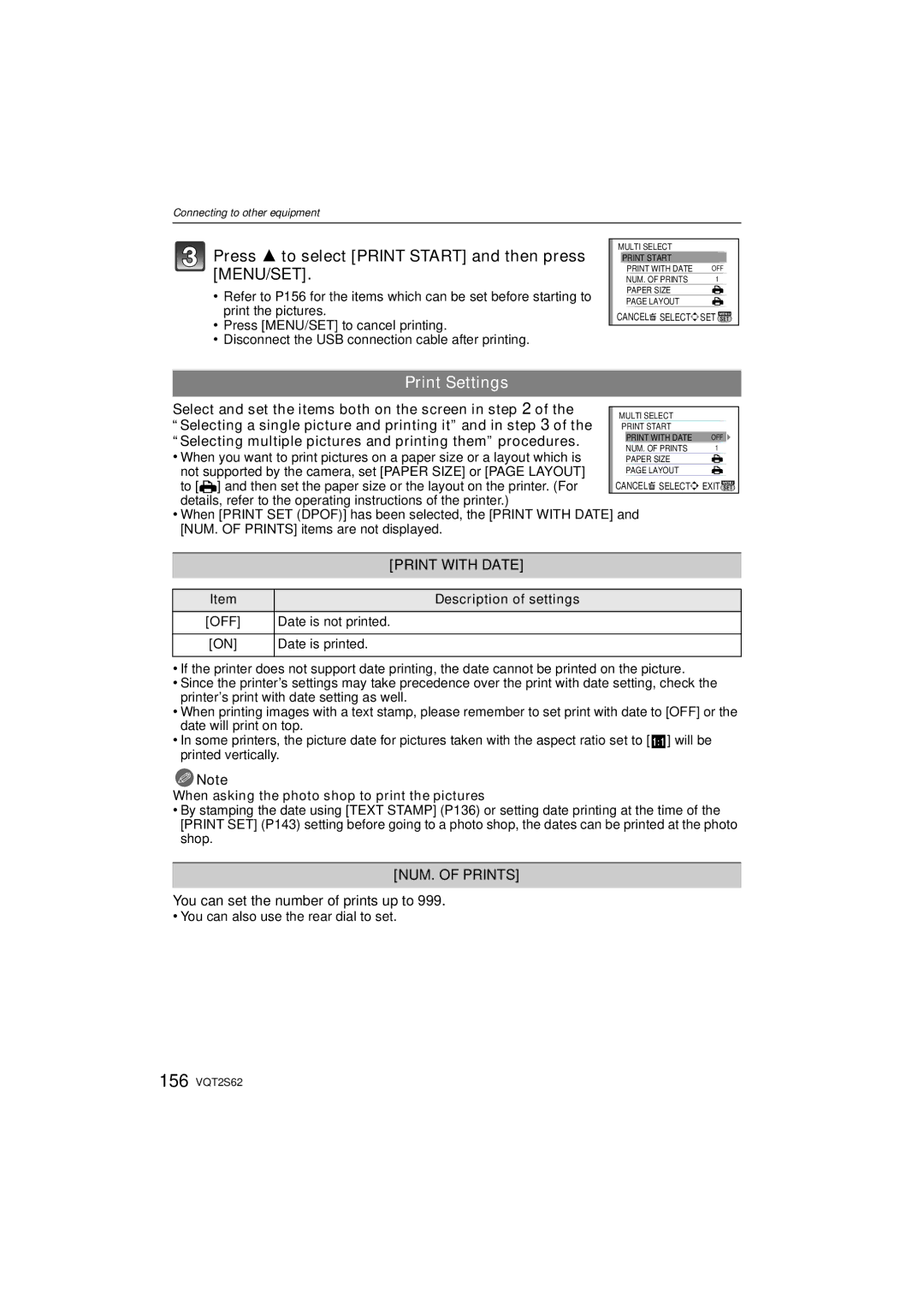 Panasonic DMC-G10K Print Settings, Print with Date, NUM. of Prints, You can set the number of prints up to, Off 