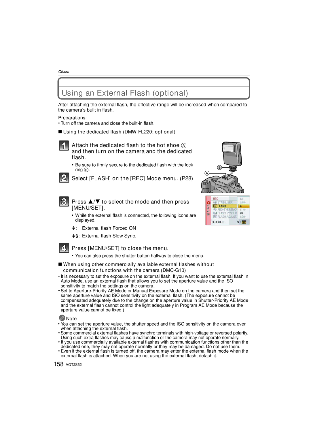 Panasonic DMC-G10K operating instructions Using an External Flash optional, Using the dedicated flash DMW-FL220 optional 