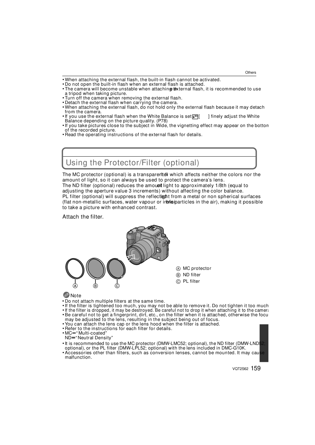 Panasonic DMC-G10K Using the Protector/Filter optional, Attach the filter, MCuMulti-coated NDuNeutral Density 