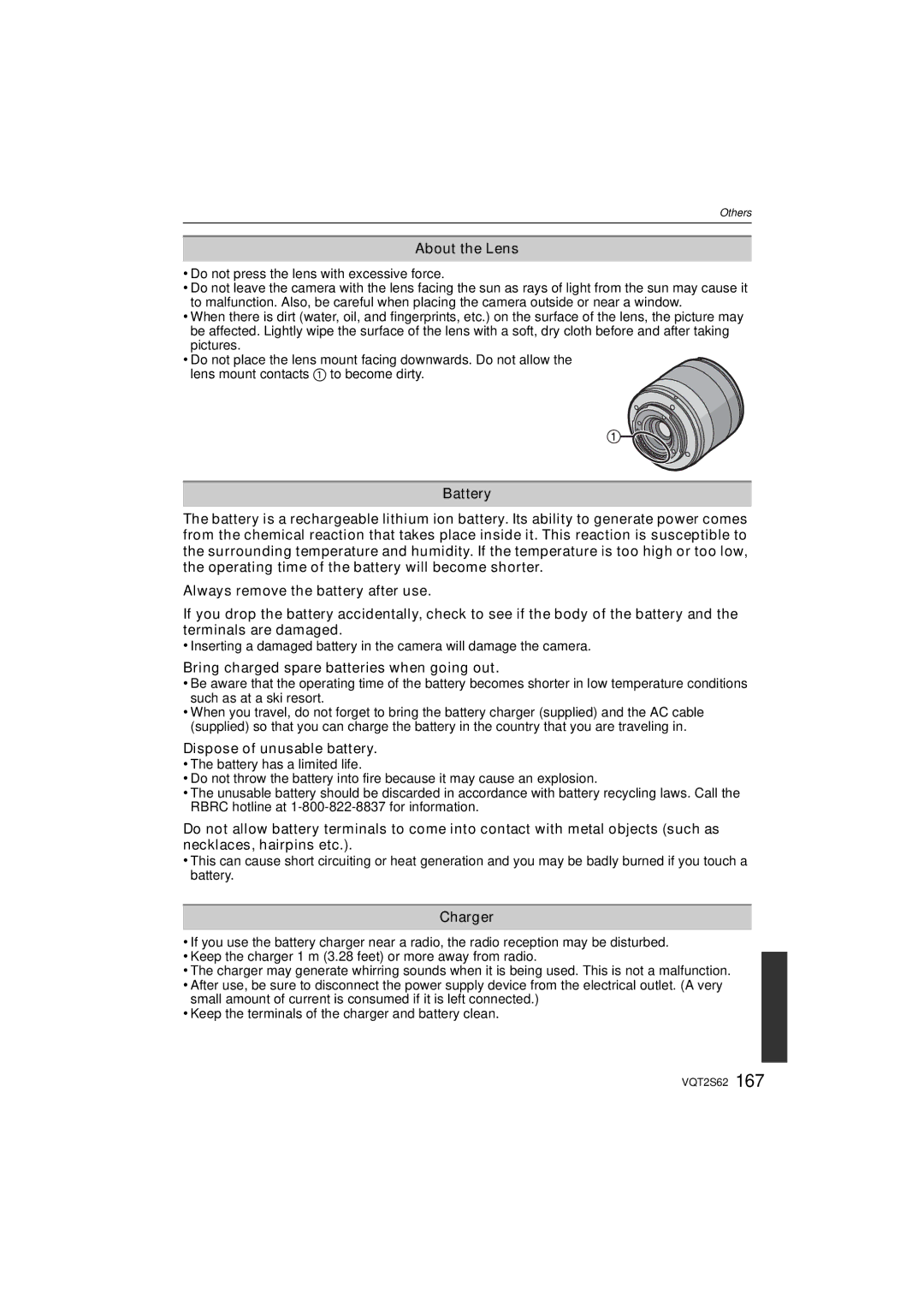 Panasonic DMC-G10K About the Lens, Battery, Bring charged spare batteries when going out, Dispose of unusable battery 