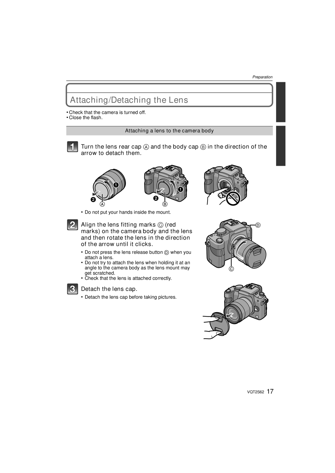 Panasonic DMC-G10K Attaching/Detaching the Lens, Detach the lens cap, Attaching a lens to the camera body 