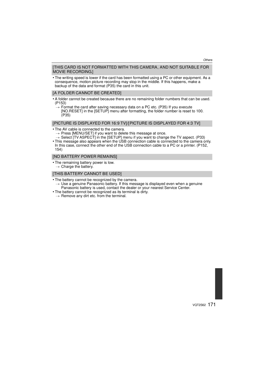 Panasonic DMC-G10K operating instructions Folder Cannot be Created, No Battery Power Remains, This Battery Cannot be Used 