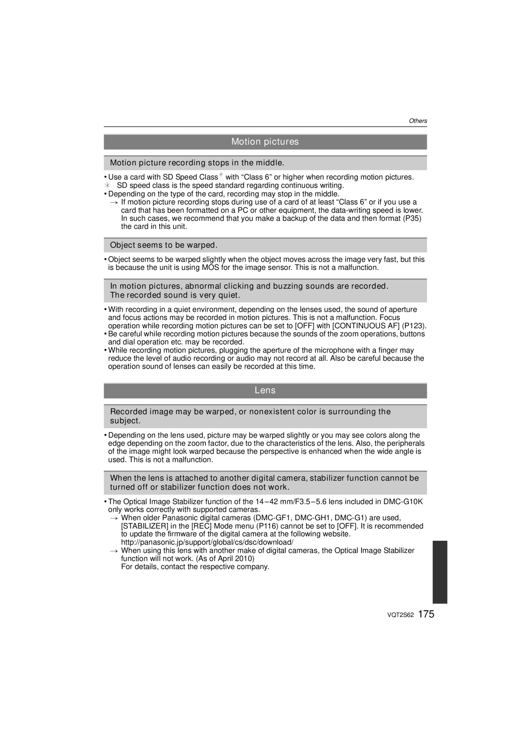 Panasonic DMC-G10K operating instructions Lens, Motion picture recording stops in the middle, Object seems to be warped 