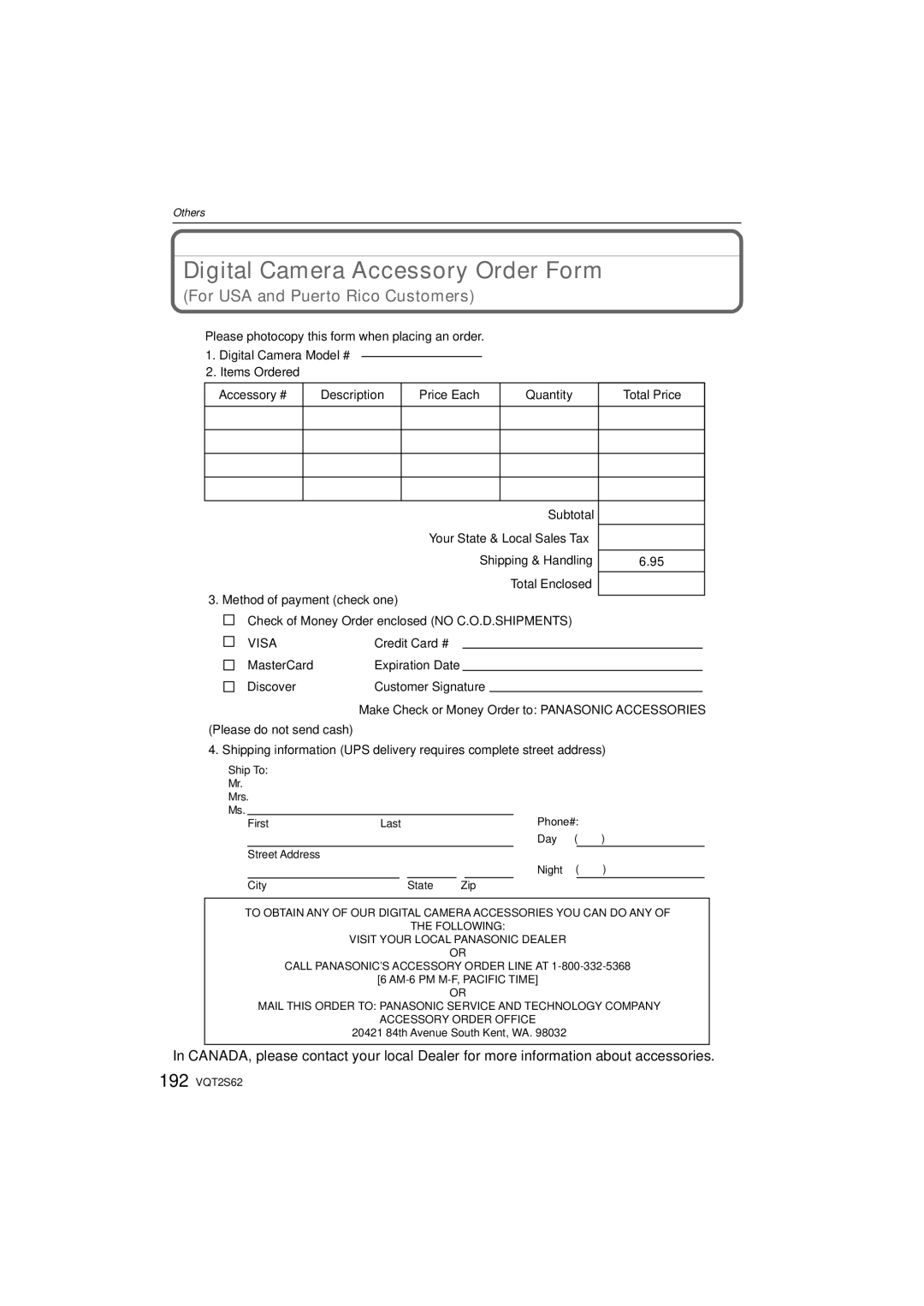 Panasonic DMC-G10K operating instructions Digital Camera Accessory Order Form, For USA and Puerto Rico Customers 