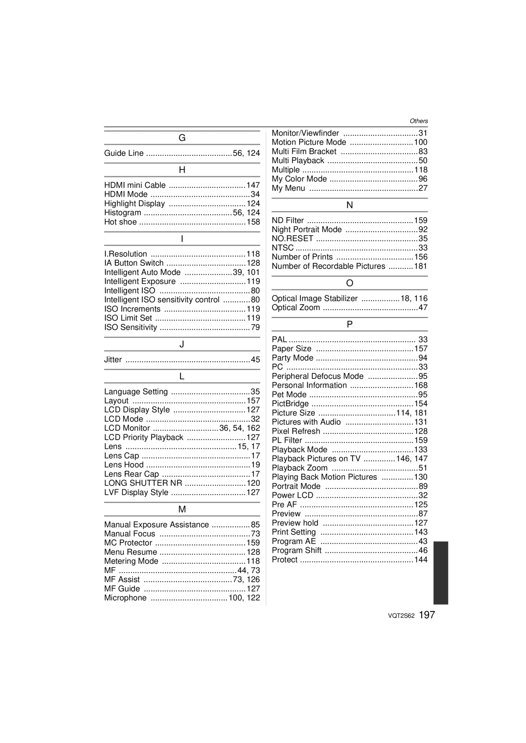 Panasonic DMC-G10K 124, 119, Intelligent ISO sensitivity control, 157, LCD Monitor, 120, 168, Picture Size, 133, 130, 144 